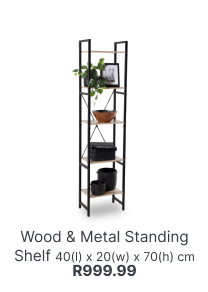 wood and metal standing shelf, shop shelving