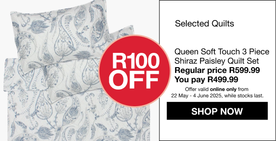 shop quilts promo, save R100 on selected quilts