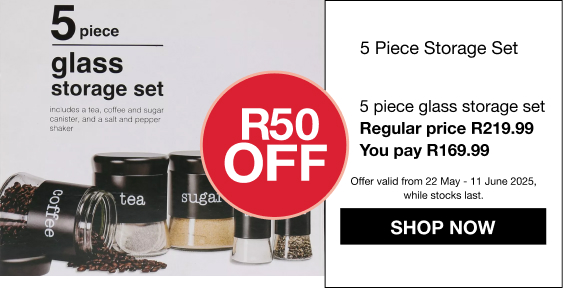 shop storage jars promo, save R50 on selecte storage jars