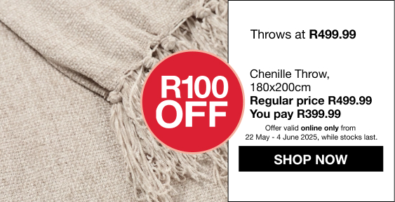 shop throws sale, save R100 on a selected throw