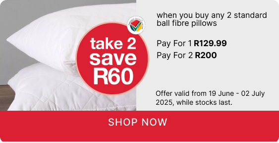 shop ball fibre pillows, shop a ball fibre pillow promotion, buy 2 ball fibre pillows and save R60