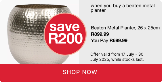 shop planters, shop a beaten metal planter promotion, buy a planter and save R200