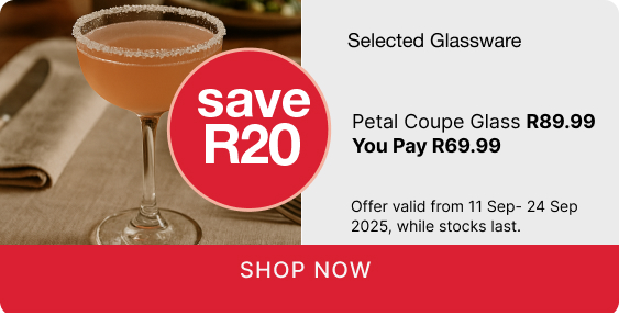 save R20 on seleceted glassware, glassware promotion