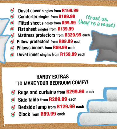 shop bedroom products, shop bathroom products, a list of essential bedroom and bathroom products every student needs