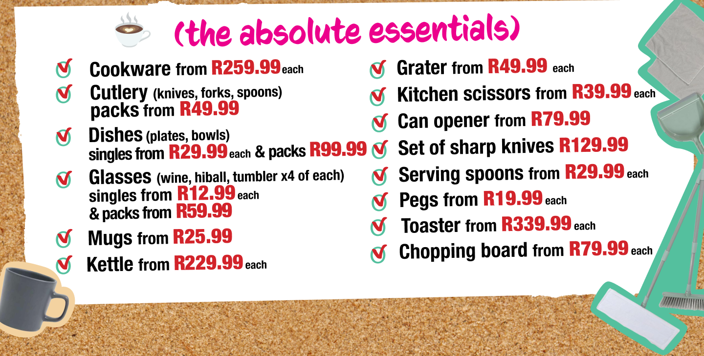 shop a list of all the essential dining and kitchen equipment you will need to have the perfect setup at university