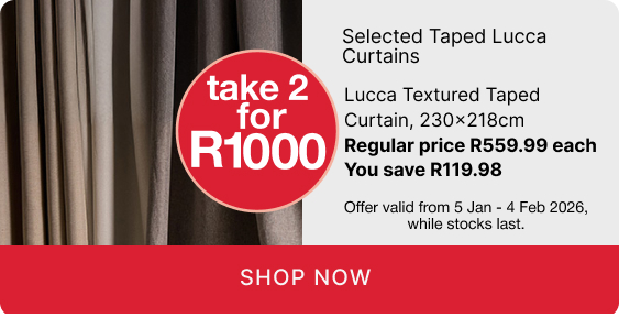 shop taped curtains promotion, shop a taped style curtain on a discount, take 2 taped curtains for r1000