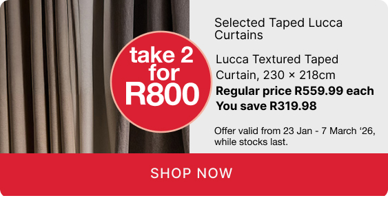 shop taped curtains promotion, shop a taped style curtain on a discount, take 2 taped curtains for r1000