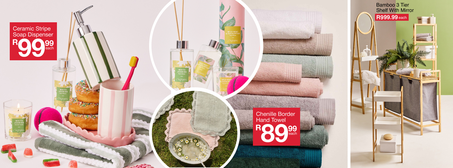 shop the bathroom glow up is a bthroom basics collection by mr price home, shop bathroom towels, bathroom accessories and bath storage in one place