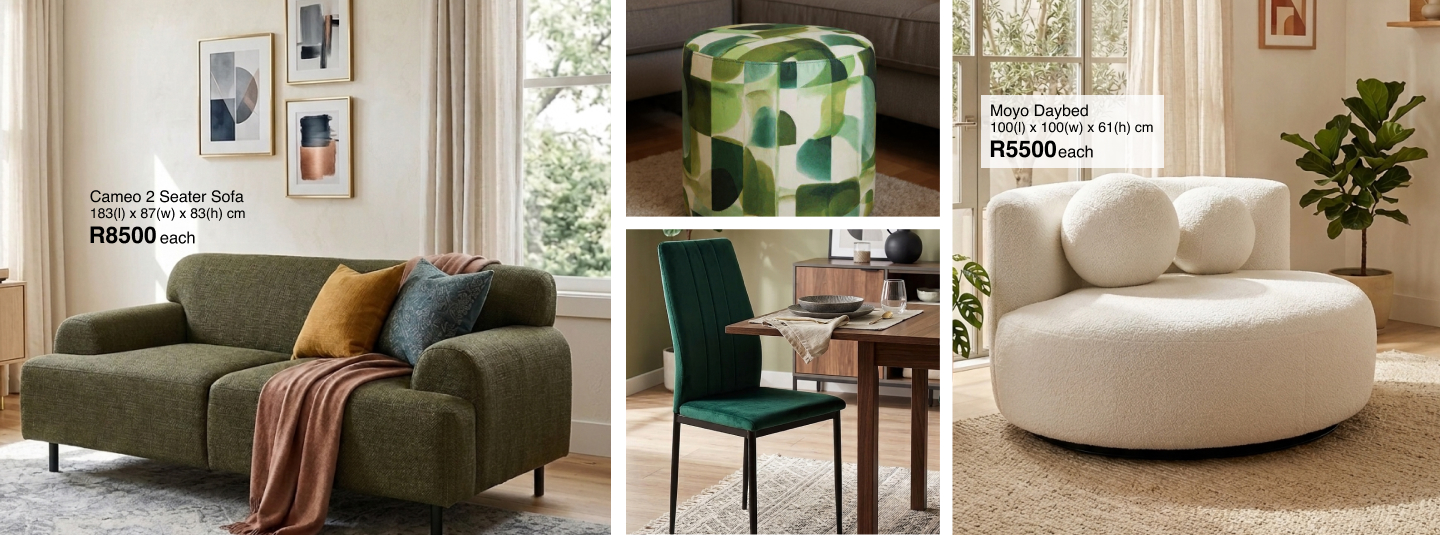 shop front row energy, beautiful green lounge collection of furniture, ottomans and cubes and scatter cushions