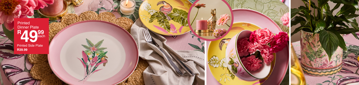 shop dine in tropical style is a pink floral dining collection created by mr price home online,shop dinnerware, glassware and table linen on mr price home online