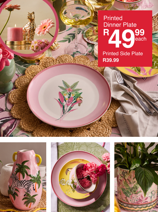shop dine in tropical style is a pink floral dining collection created by mr price home online,shop dinnerware, glassware and table linen on mr price home online