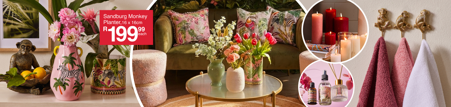 shop palms, petals and paradise is a pink floral lounge collection created by mr price home online,shop vases, scatter cushions and candles form mr price home online
