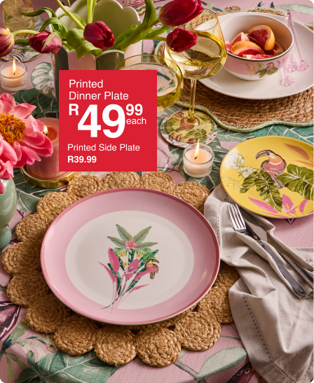 shop dine in tropical style is a pink floral dining collection created by mr price home online,shop dinnerware, glassware and table linen on mr price home online