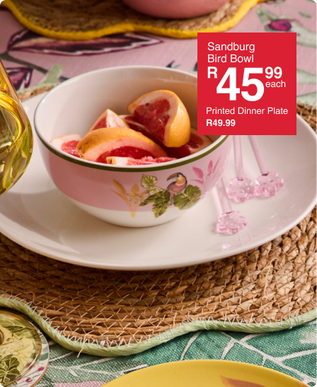 shop dine in tropical style is a pink floral dining collection created by mr price home online,shop dinnerware, glassware and table linen on mr price home online