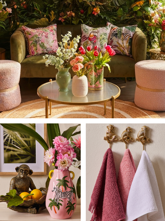 shop palms, petals and paradise is a pink floral lounge collection created by mr price home online,shop vases, scatter cushions and candles form mr price home online