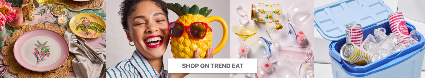 shop on trend eat is a quirky and fruity styled themed collection for dinnerware and wine glass or tumblers. Shop now to impress your guests