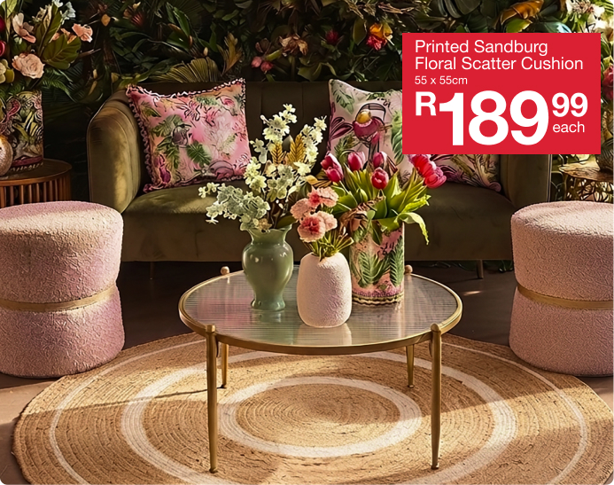 shop palms, petals and paradise is a pink floral lounge collection created by mr price home online,shop vases, scatter cushions and candles form mr price home online