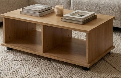 Minimalist round nested coffee tables in oak finish, perfect for small lounge spaces.