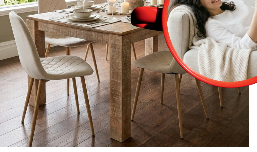 Large 6-seater oak-style dining table with sturdy trestle legs for family meals.
