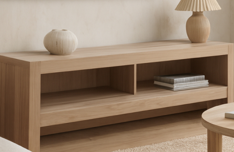 Scandinavian-style natural wood and white plasma stand with storage for media consoles.